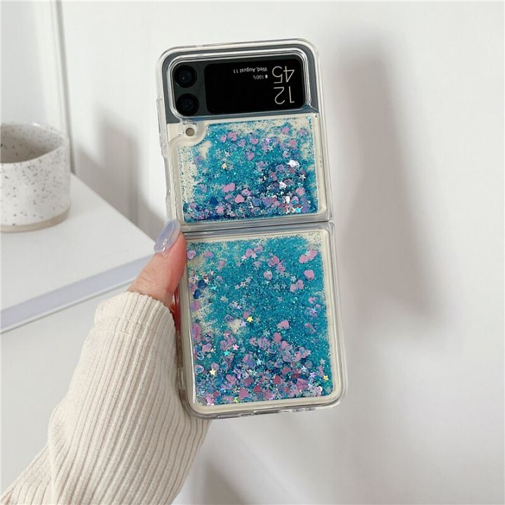 เคสโทรศัพท์โปร่งใสเลื่อมรูปหัวใจมีกากเพชรสำหรับ-galaxy-z-flip-4-3-liu-quicksand-กรอบซิลิโคนกันกระแทก