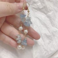 Super fairy ~ natural sea blue stone with pearl long earrings, girl temperament earrings and Earrings E3S9 E3S9