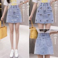 COD ❡❈ The Neonatal Shop34uilk9iy Fashion embroidery Denim skirt Cartoon Mini skirts womens summer mid-length new A-line high-waisted casual korean foral short skirt for women