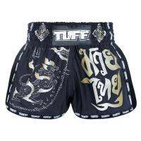 กางเกงมวย กางเกงมวยไทย  กางเกงกีฬา ทัฟฟ์ มวยไทย กางเกงมวยไทยTUFF Muay Thai Boxing Shorts New Retro Style Black Singha Yantra with War Flag