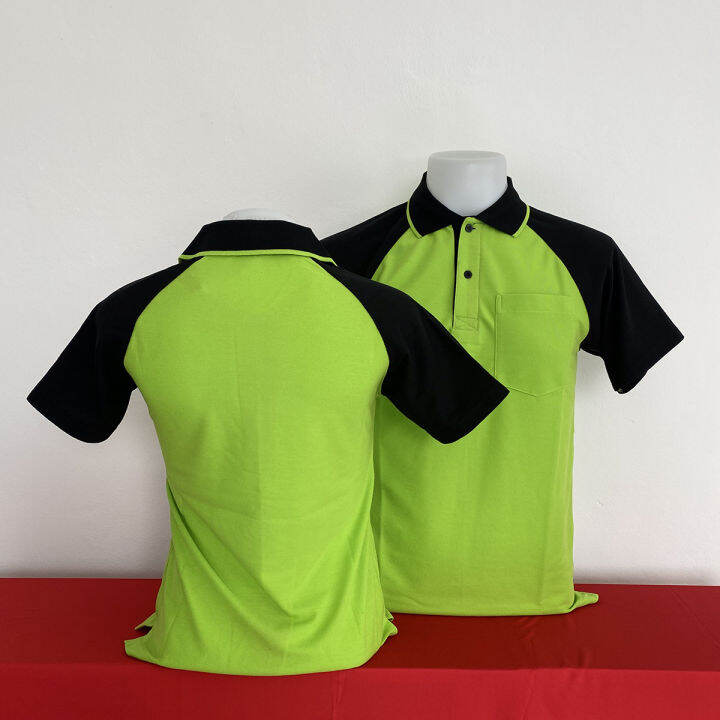 เสื้อโปโลคอปก-polo-shirt-แบบชาย-ทรงตรง-ส่วนแบบหญิง-เข้ารูป-สีเขียวตองแขนดำ-เนื้อผ้านุ่ม-สวมใส่สบาย-มีบริการส่งเก็บเงินปลายทาง