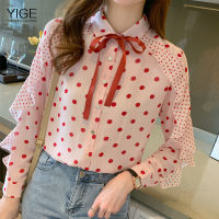 YIGE ฤดูใบไม้ร่วง2021ใหม่ Ruffled Polka Dot ชีฟองแขนยาวเสื้อหรูหราขนาดพิเศษผู้หญิงเสื้อผ้า