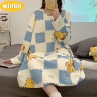 Wintin Spring and Autumn New Nightdress Womens Long-Sleeved Loose Overknee Pajamas Cartoon Cute Student Homewear Can Be Worn outside