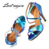 Ladingwu Latin Dance Shoes Women Ballroom Dance Shoes For Women Laser PU And Glitter Blue Gold Silver Dance Heels Sandals Women