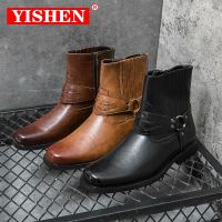 YISHEN รองเท้าบูทหุ้มข้อสำหรับผู้ชาย,รองเท้าบู้ตหนังรองเท้าคาวบอยตะวันตกรองเท้าลำลองย้อนยุครองเเท้าบูทจักรยานยนต์สีน้ำตาลมีซิป