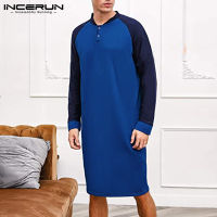 Men Robes Sleepwear Patchwork Long Sleeve V Neck Homewear Leisure Nightgown Soft Mens Comfortable Men Clothes Bathrobes INCERUN