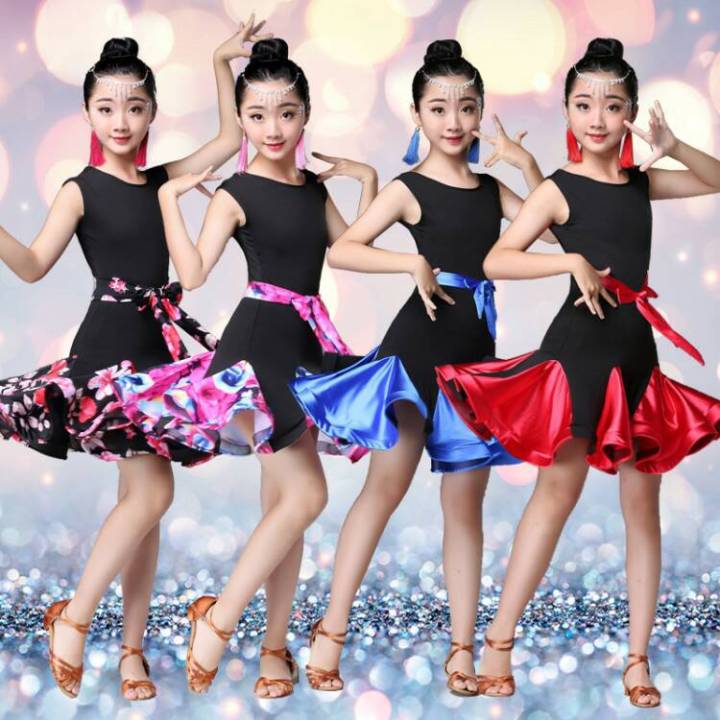 ชุดเต้นละตินลายดอกไม้ชุดเต้นแบบละตินชุดเต้นสีดำสีแดงชุดแทงโก้เด็กหญิงชุดเดรสเต้นรำ