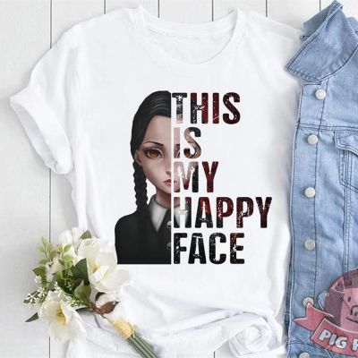 เสื้อยืด พิมพ์ลายกราฟิก This Is My Happy Face Wednesday Addams เหมาะกับวันฮาโลวีน สําหรับผู้หญิง