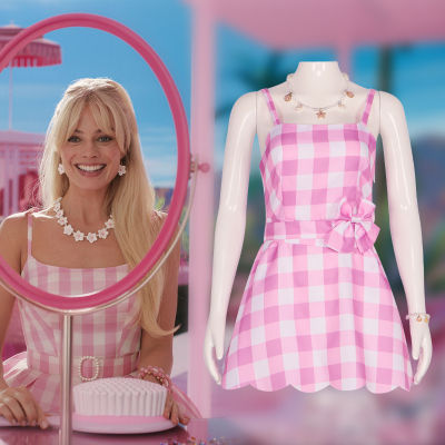 Movie Barbie Cosplay Costume Barbie Pink Dress Necklace Accessories Set Woman Halloween Role Play Party