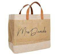 Popular large fashion lady latest custom logo printed summer jute linen tote beach bag with leather handle