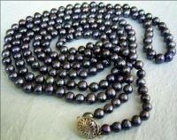 Long 50 inches 8-9mm Natural Black Akoya Cultured Pearl Jewelry Necklace AA+