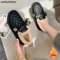 ฤดูหนาว Thicken Plus กำมะหยี่ผู้หญิง Loafers Warm Faux Lamb Fleece Peas รองเท้ารอบ Toe ผ้าฝ้ายแพลตฟอร์ม Flats Slip On Non-Slip Zapato ~