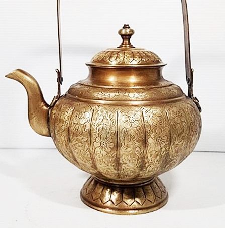 ชุดน้ำชากาโบราณ-ทรงฟักทองตอกลาย-ถาดน้ำชาทองเหลืองหล่อหนา-10-5-นิ้ว-ตอกลาย