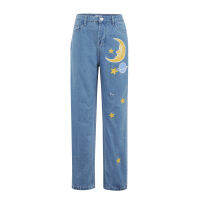 Straight Womens Cute Jeans Baggy Vintage High Waist Moon Star Pattern Young Girls Denim Pants Streetwear 2020 Female Long Jeans