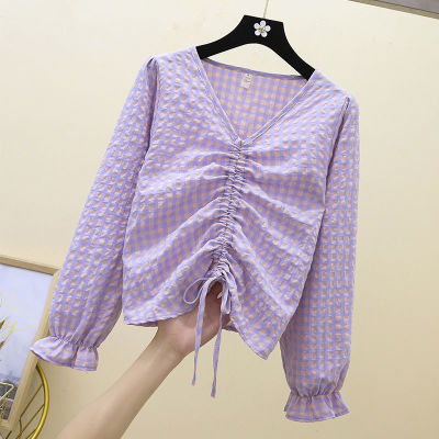 Plaid long-sleeved Blouse for women 2020 Autumn New V-neck drawstring short design sense of Korean version fashion slimming blouse