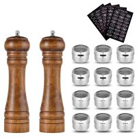 LMETJMA Wood Salt Pepper Mill and Magnetic Spice Jars Set Pepper Grinders Salt Shakers with Adjustable Ceramic Rotor KC0215