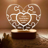 Mom Puzzle Piece Acrylic Heart Shape Night Light Personal Room Lamp Custom Family Name Engraved Text Home Decor Parents Gift