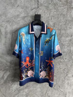 รุ่นยอดนิยม Blue Casablanca Silk Shirt Men Women Marine Animal Patterns Short Sleeve Hawaii Beach Shirts