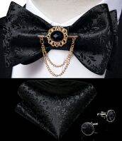 ☄♙☊ Black Floral Solid Self Tie Bow Tie Men Fashion Butterfly Silk Formal Business Wedding Party Bowtie Handkerchief Set DiBanGu