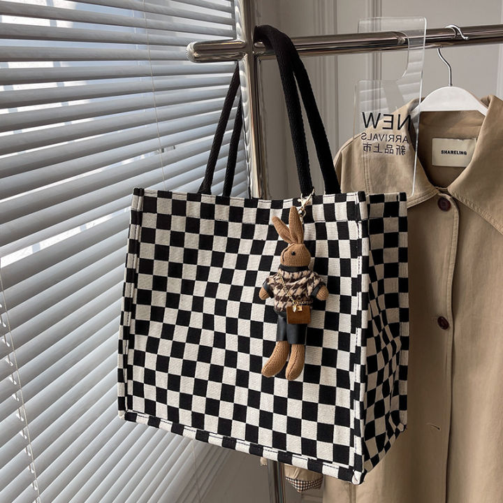 large-capacity-chessboard-plaid-handbags-female-2023-new-versatile-ins-student-commuter-canvas-shoulder-tote-bag