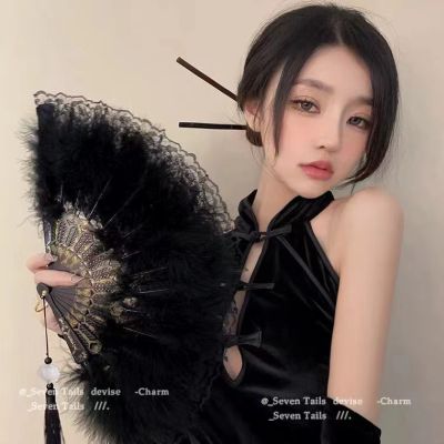 Gufeng Feather Fan Qipao Womens Walk Show Folding Fan Hanfu Black Lace Fan Dance Fan Chinese Style Fan  7HKT