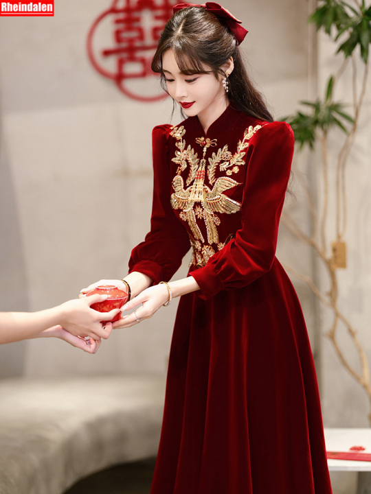 ใหม่ฤดูใบไม้ร่วงและฤดูหนาวของผู้หญิงกำมะหยี่สีทองสไตล์จีนแขนยาว-cheongsam-ขนมปังชุดแต่งงานชุดที่จัดเลี้ยง