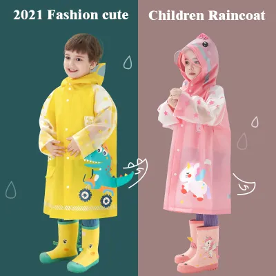 2021 Free Shipping Cute Children Raincoat Boys Girls Waterproof Jumpsuit Hooded Cartoon Dinosaur Kids Rainwear and Pants