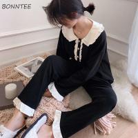 Pajama Sets Women Sweet Girlish Breathe Full Length Turn Down Collar Button Sleepwear Cozy Homewear Ladies Vintage Casual Chic