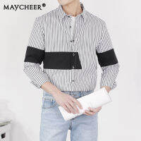 MAYCHEER เสื้อเชิ้ตผู้ชายแขนยาวลายขวางเสื้อเชิ้ตลำลองผู้ชาย