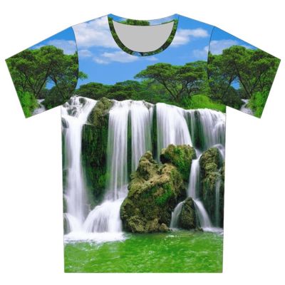 Joyonly Blue Sky Tree Water Waterfall Design Funny Printing T shirt Childrens T-shirts Kids Boys Girls Casual Clothes Tops Tees