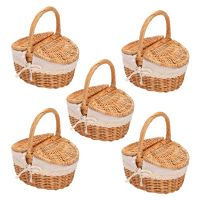 5X Handmade Wicker Basket with Handle, with Double Lids, Shopping Storage Hamper Basket with Cloth Lining