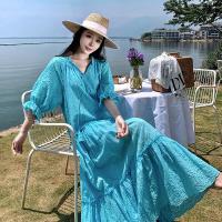 Holiday draw string tassel hollow lace fairy long Bohemian dress in blue fairy