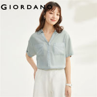 *GIORDANO Women Shirts Double Pockets V-Neck Lightweight Tencel Shirts Short Sleeve Buttons Summer Fahsion Casual Shirts 05343467