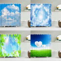 【Bathroom sale】 BlueClouds Scenery ม่านอาบน้ำม่านห้องน้ำพร้อมตะขอผ้าม่าน FabricPrinted 180X200Cm