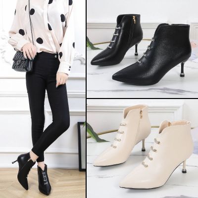 [COD] boots womens autumn and winter new short thin high heels net red rhinestone rivets all-match plus velvet