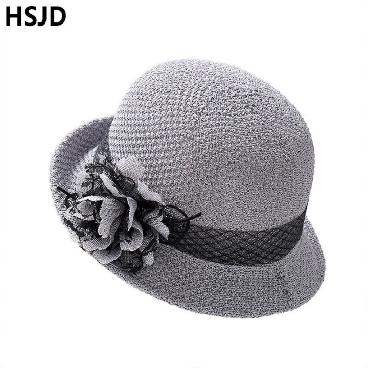 หมวกกว้างแบบกลวงถักสำหรับผู้หญิงใหม่หรูหราฤดูร้อนหมวกลูกไม้พับได้หมวกกันแดดและกะบังหน้าหมวกชายหาด