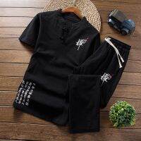 、’】【= Retro Chinese Style Zen Tea Shirts Pants Kung Fu Uniform  Medieval Viking Fashion Casual T-Shirt Trousers Tang Suit Men Sets