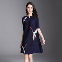 Summer New Dress Fashionable Pleated Crane Print Dress Large Size Mom Clothes Pleated Dress For Middle-Aged And Elderly People