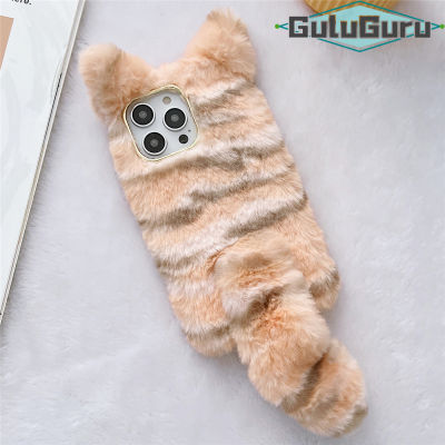 สำหรับ Samsung A03 A13 A23 A33 A53 A73 A02 A12 A22 A32 A42 A52 A72 Furry,Stripe Gradient สีภาพเสือตุ๊กตาแมวหูหางใหญ่ขนปุยฝาหลังกรณี