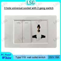 【LSG】ประเภท 118 มม. สวิตช์ผนังเต้าเสียบซ็อกเก็ต 3 ขามัลติฟังก์ชั่นซ็อกเก็ตสากลพร้อมสวิตช์ 2 แก๊ง 2 ทางแผงพีซีสารหน่วงไฟ 250V 16A ปลั๊กไฟความปลอดภัยในครัวเรือน