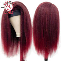 LIHUI Wine Red Headband Wig For Women Synthetic Wig Yaki Kinky Straight Head Band Wigs Long Ombre Afro Bug Hair Hot Water Set