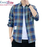 Cozy Up เสื้อเชิ้ตแขนยาวสำหรับผู้ชาย,เสื้อผ้าฝ้ายผสมบาติกลายสก็อตเข้ารูปใส่สบายแขนยาว