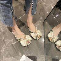 COD Hot Sale/22523Lazy Mules Outerwear Womens 2022 New Fish Mouth Sandals Flat Bottom Pearl Baotou รองเท้าแตะครึ่งน้ำ