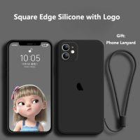 ALIGO ขอบสี่เหลี่ยมซิลิโคนเคสโทรศัพท์ที่มีโลโก้แอปเปิ้ลสำหรับ iPhone 14 Plus 13 Pro Max 12 11 Pro Max XS 14 Pro Max XR X 8 7 Plus SE 2020 12 Pro พร้อมสายคล้องมือเชือก