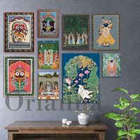 Vintage Indian Folk Art โปสเตอร์พิมพ์วัว,Lord Jagannath และ Shreenathji Pichwai เหมาะสำหรับตกแต่งบ้านของขวัญ