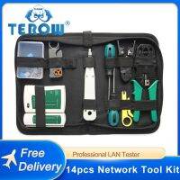 TEROW 14ชิ้นเซ็ตเครื่องมือซ่อมแซมเครือข่าย LAN เครื่องทดสอบ RJ45 Crimping Pliers แบบพกพา Profesional Cable Tracker และ Crimper Clamp Kit Bag