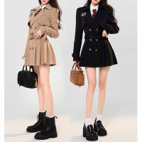 Spot parcel post Short Trench Coat Womens Autumn Small British College Style Suit Coat Pleated Dress V Collar Long Sleeve