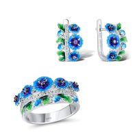 LUCKY DOLL Cloisonne Flower Ring Earrings Set Fashion Enamel Inlaid Diamond Engagement Ring Earrings Jewelry Set