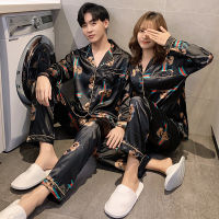 Black Mickey M-5XL Plus Size Couple Pajamas Silk Cardigan Sleepwear Satin Ilang pajama terno