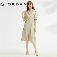 GIORDANO Women Dresses Tailored Collar Ribbon Collect Waist Cotton Dresses Puff Sleeve Summer Fashion Casual Dresses 18463714